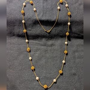 Gold Tone and White Faux Pearl Long Beaded Statement Necklace